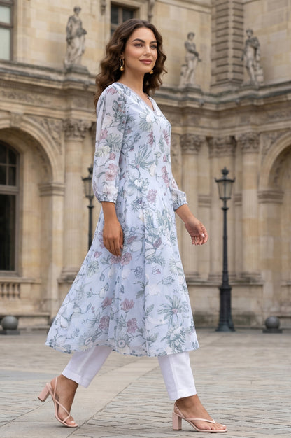 Blue Floral Printed Chiffon Flared Kurta with Pants and Dupatta Set