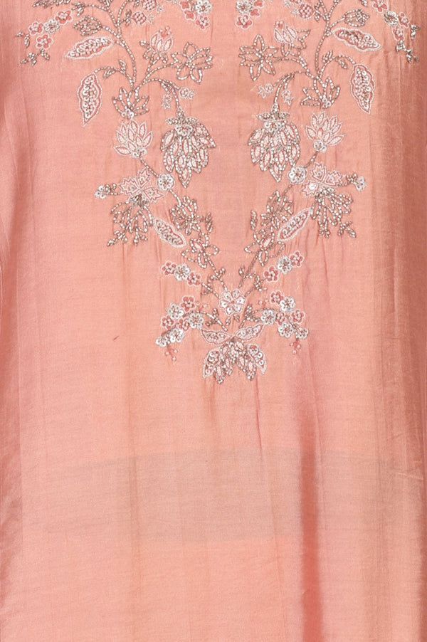 Peach Thread Embroidered Straight Kurta with Straight Pants and Dupatta Set