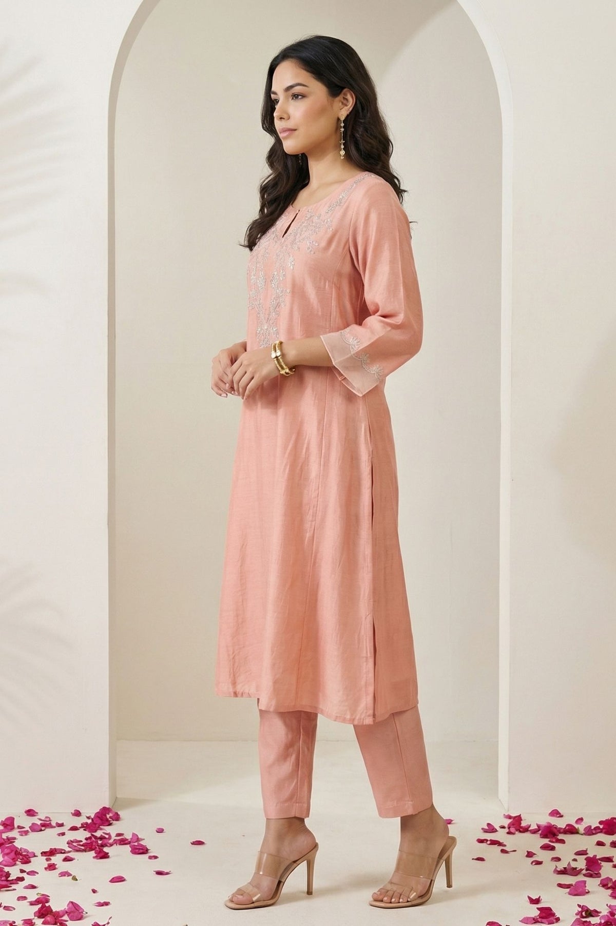 Peach Thread Embroidered Straight Kurta with Straight Pants and Dupatta Set
