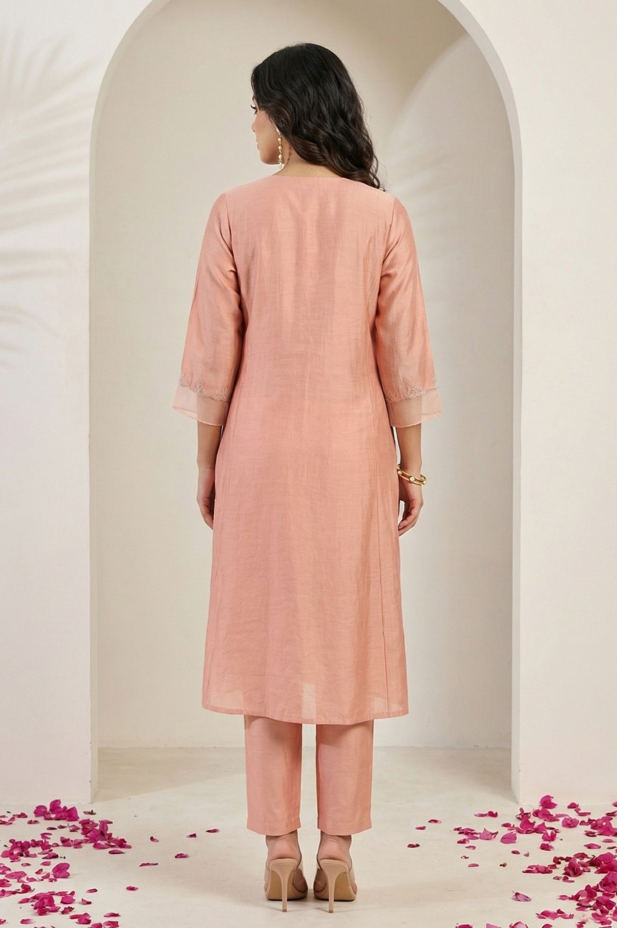 Peach Thread Embroidered Straight Kurta with Straight Pants and Dupatta Set