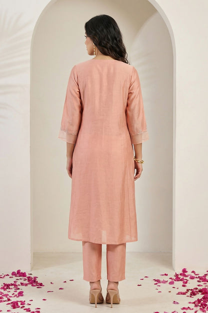 Peach Thread Embroidered Straight Kurta with Straight Pants and Dupatta Set