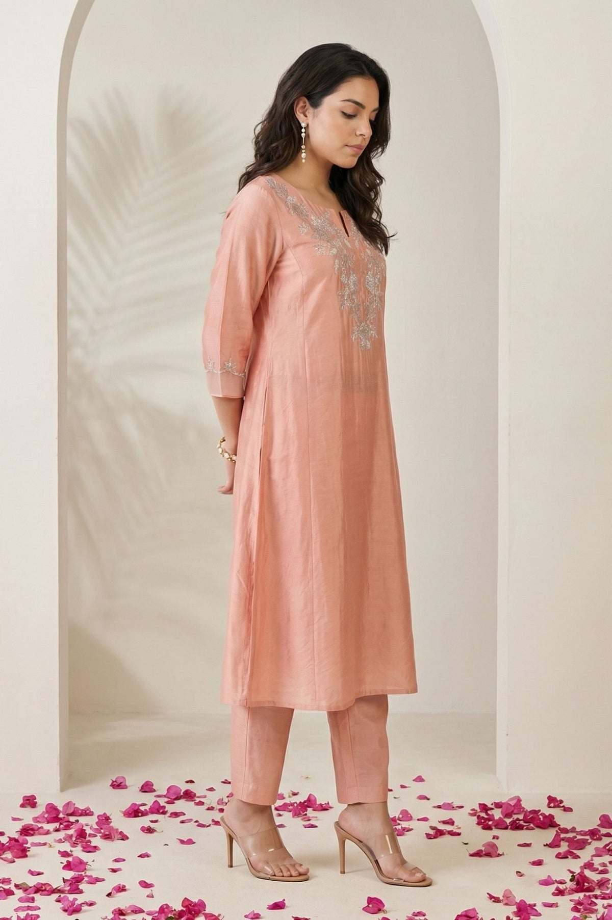 Peach Thread Embroidered Straight Kurta with Straight Pants and Dupatta Set