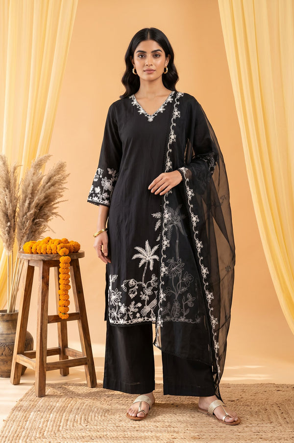 Black Thread Embroidered Straight Kurta with Straight Pant and Dupatta Set