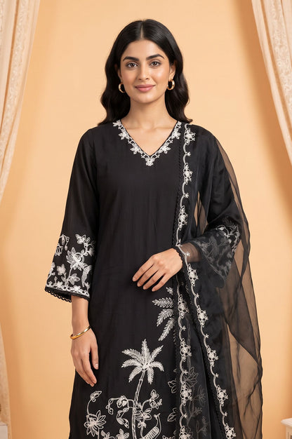 Black Thread Embroidered Straight Kurta with Straight Pant and Dupatta Set