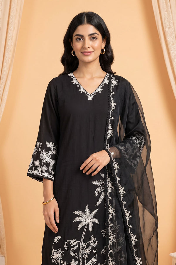 Black Thread Embroidered Straight Kurta with Straight Pant and Dupatta Set