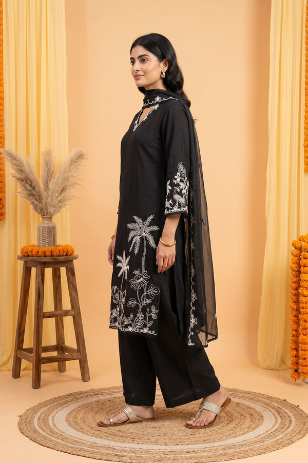 Black Thread Embroidered Straight Kurta with Straight Pant and Dupatta Set