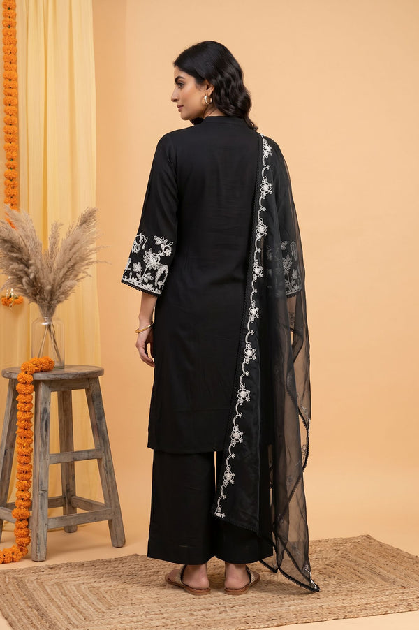 Black Thread Embroidered Straight Kurta with Straight Pant and Dupatta Set