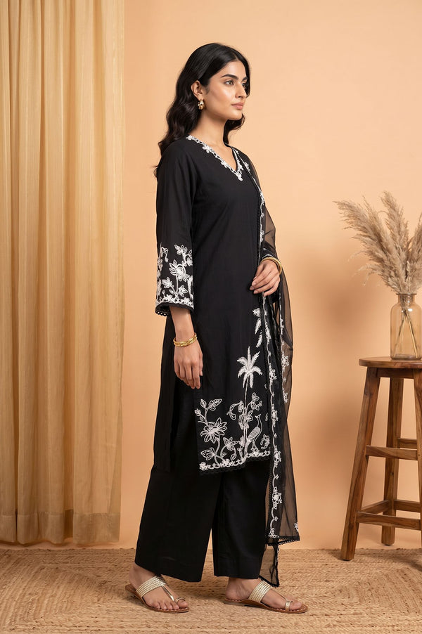 Black Thread Embroidered Straight Kurta with Straight Pant and Dupatta Set