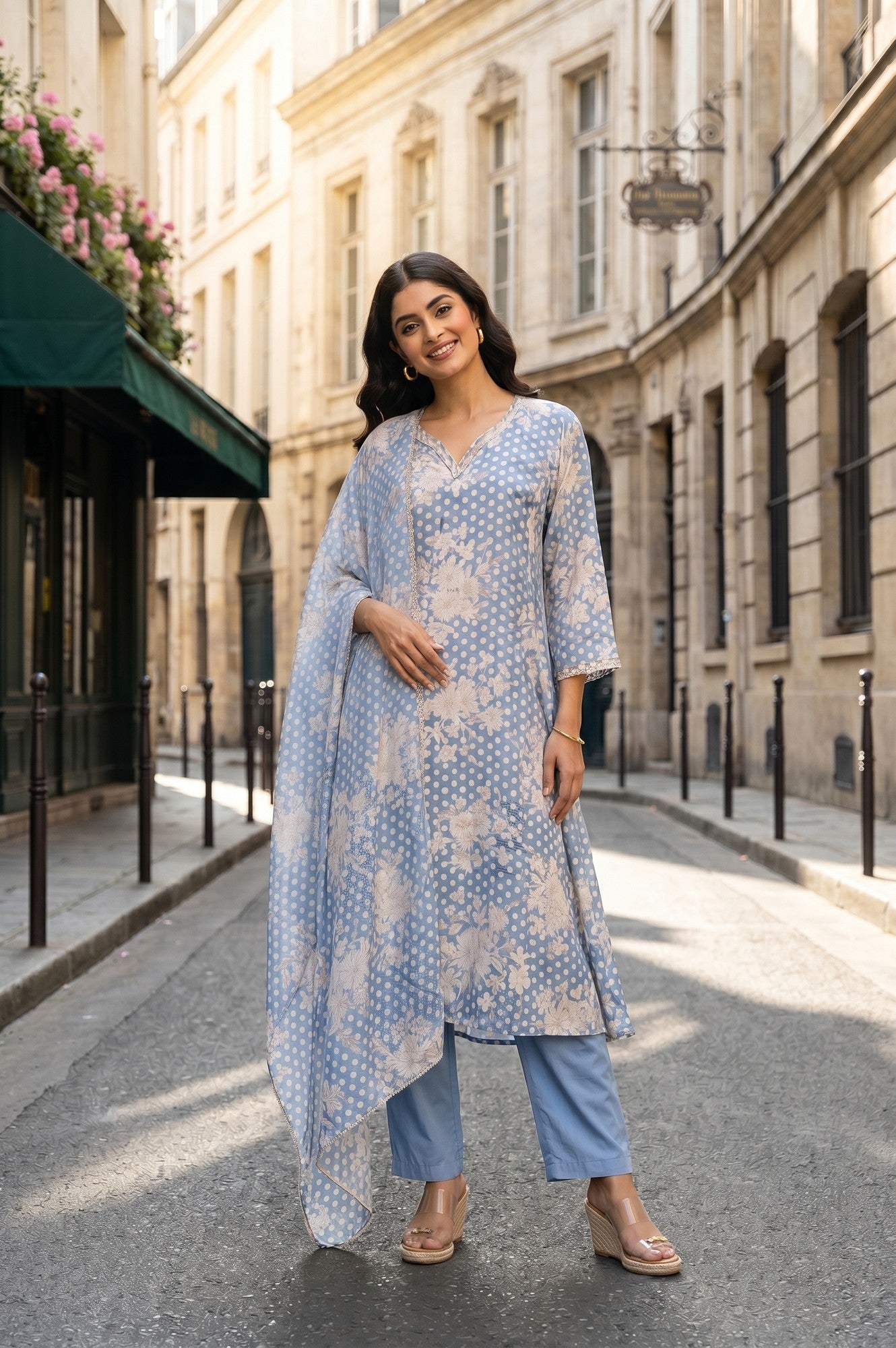 Blue Floral Printed Chanderi Flared Kurta With Pants And Dupatta Set