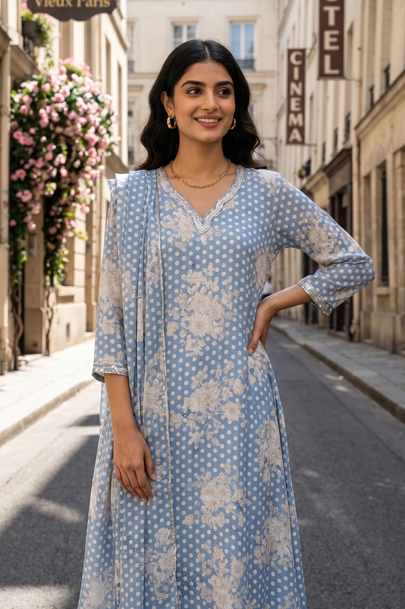 Blue Floral Printed Chanderi Flared Kurta With Pants And Dupatta Set