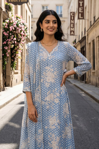 Blue Floral Printed Chanderi Flared Kurta With Pants And Dupatta Set