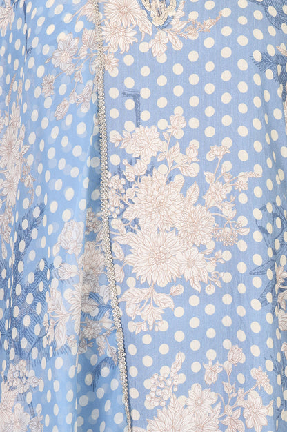 Blue Floral Printed Chanderi Flared Kurta With Pants And Dupatta Set