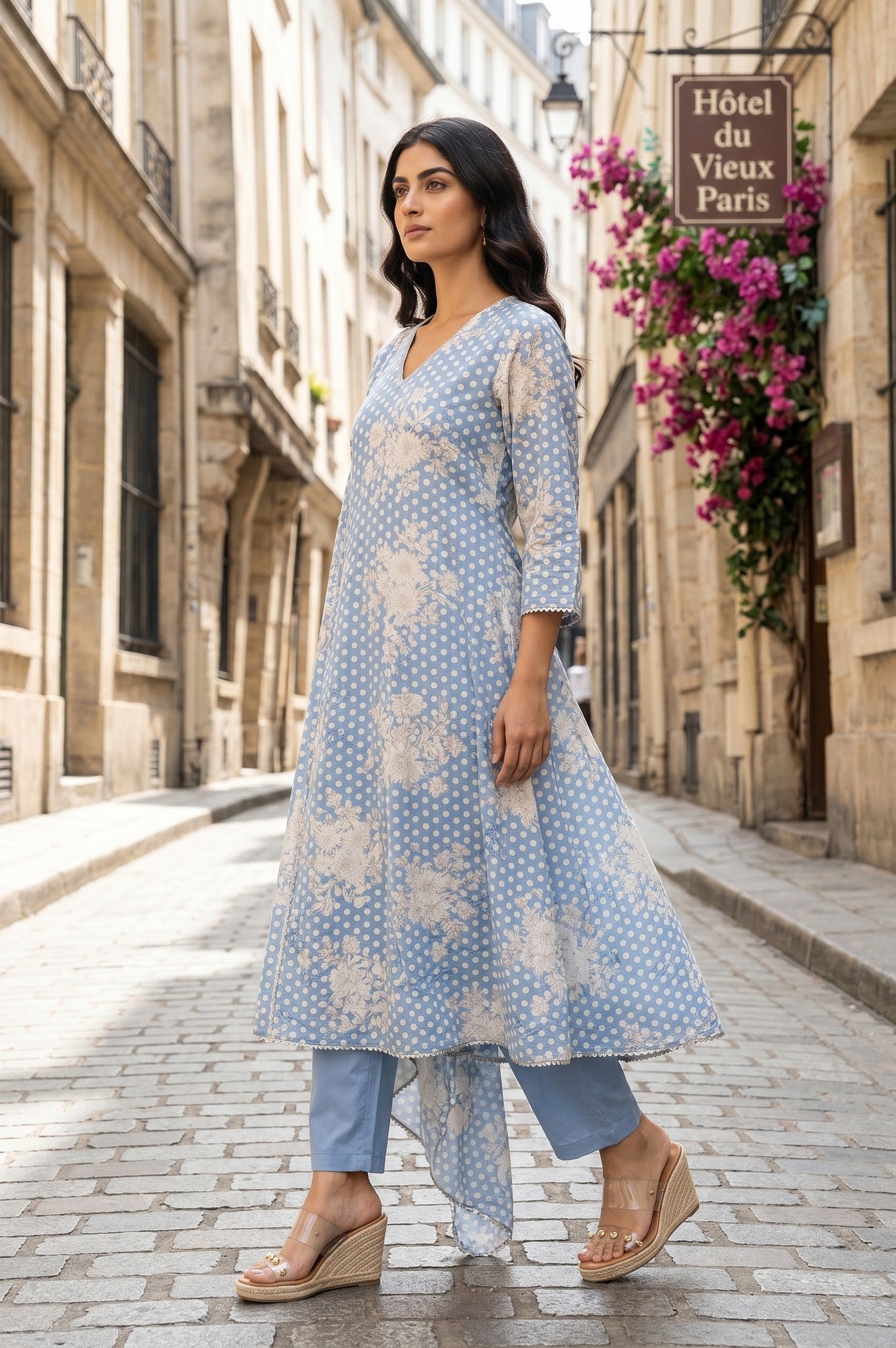 Blue Floral Printed Chanderi Flared Kurta With Pants And Dupatta Set