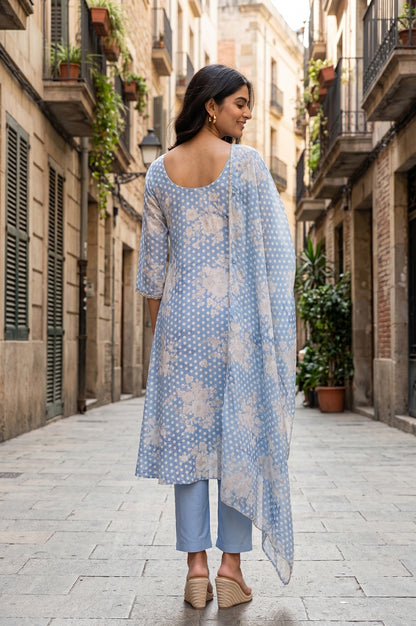 Blue Floral Printed Chanderi Flared Kurta With Pants And Dupatta Set