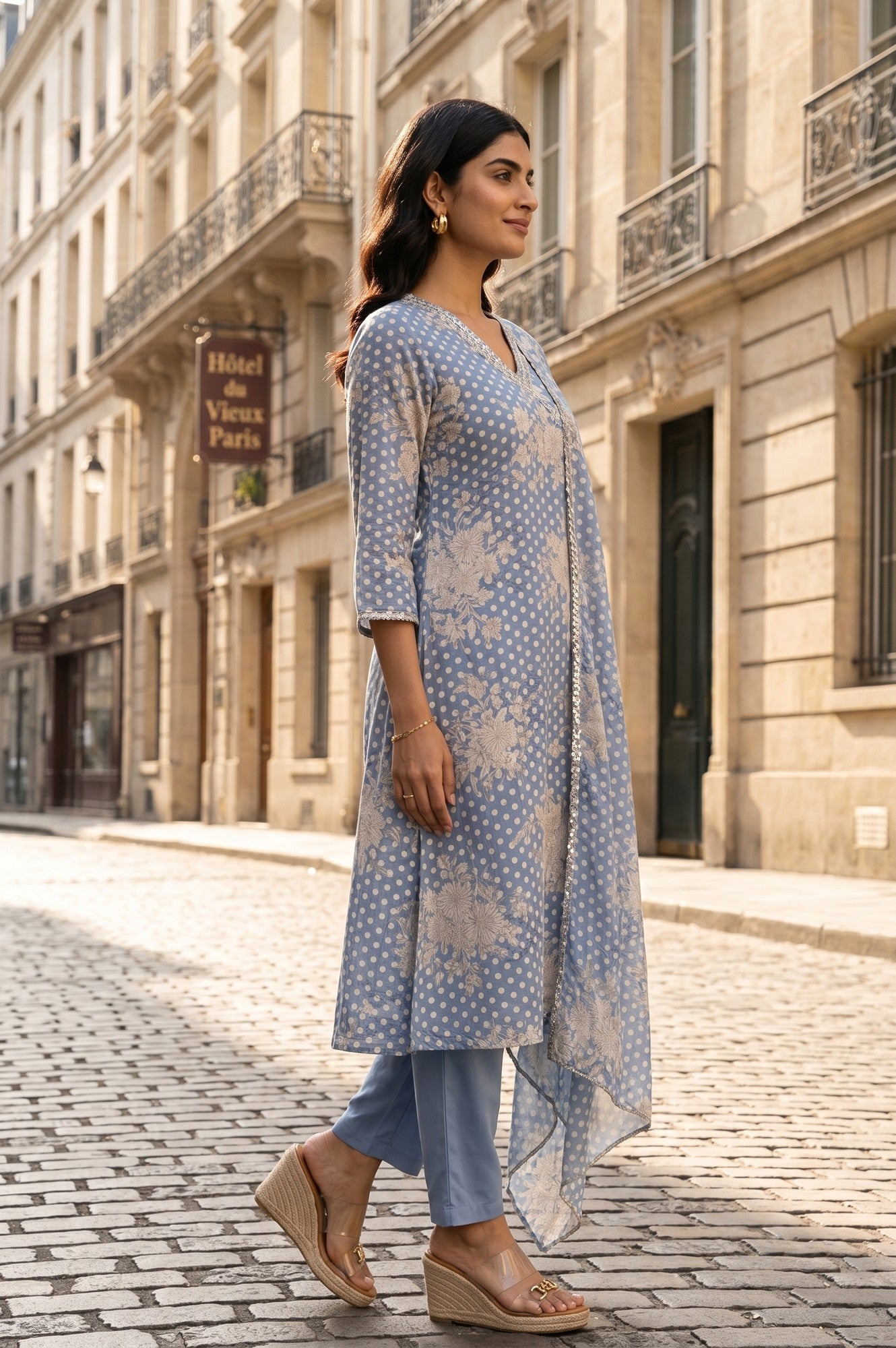 Blue Floral Printed Chanderi Flared Kurta With Pants And Dupatta Set