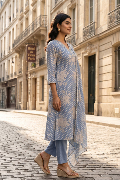Blue Floral Printed Chanderi Flared Kurta With Pants And Dupatta Set
