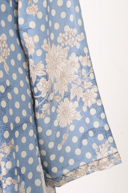 Blue Floral Printed Chanderi Flared Kurta With Pants And Dupatta Set