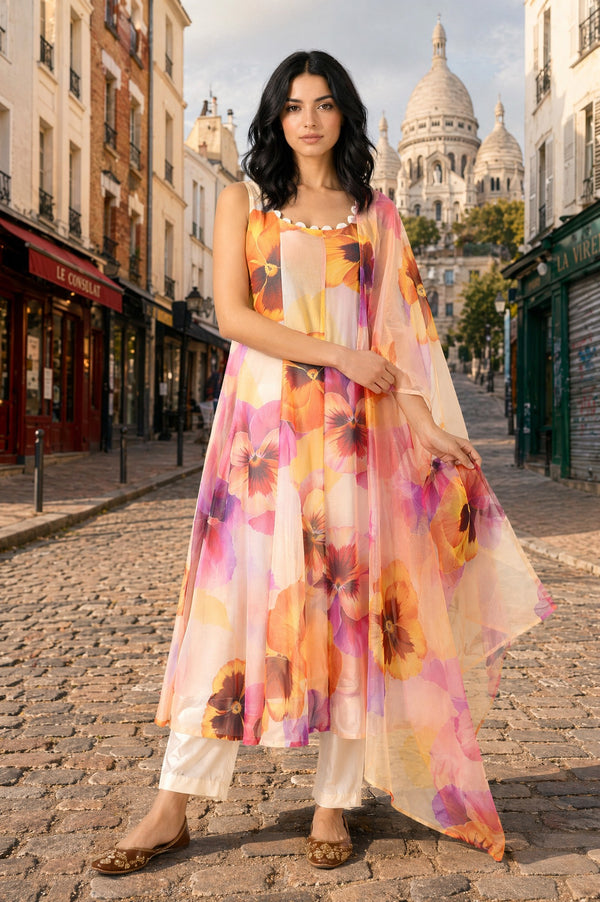 Off-White Floral Printed Organza Sleeveless Flared Kurta with Pants and Dupatta Set
