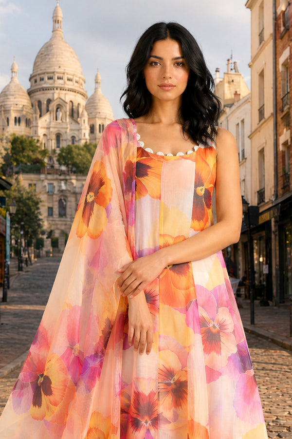 Off-White Floral Printed Organza Sleeveless Flared Kurta with Pants and Dupatta Set