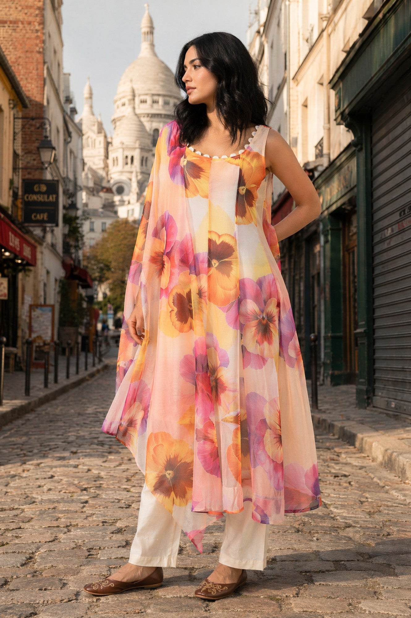 Off-White Floral Printed Organza Sleeveless Flared Kurta with Pants and Dupatta Set