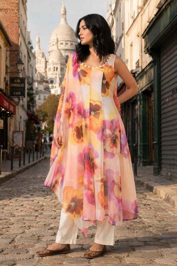 Off-White Floral Printed Organza Sleeveless Flared Kurta with Pants and Dupatta Set