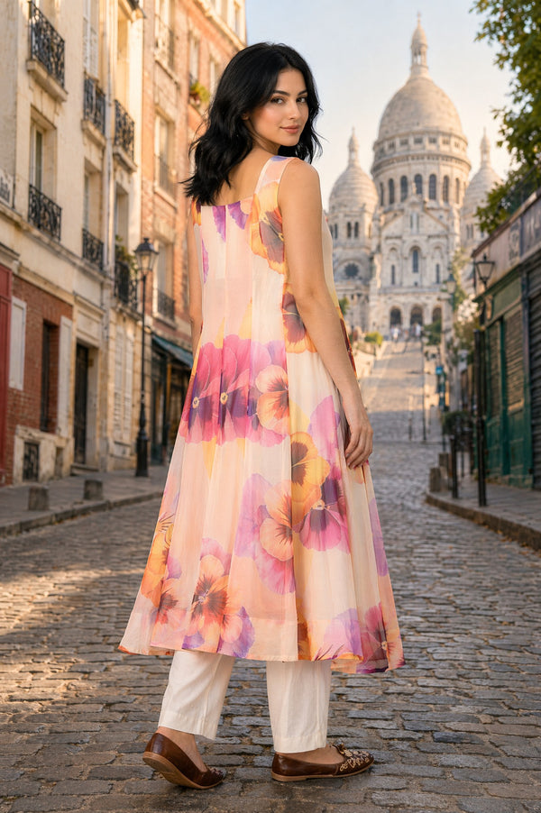Off-White Floral Printed Organza Sleeveless Flared Kurta with Pants and Dupatta Set
