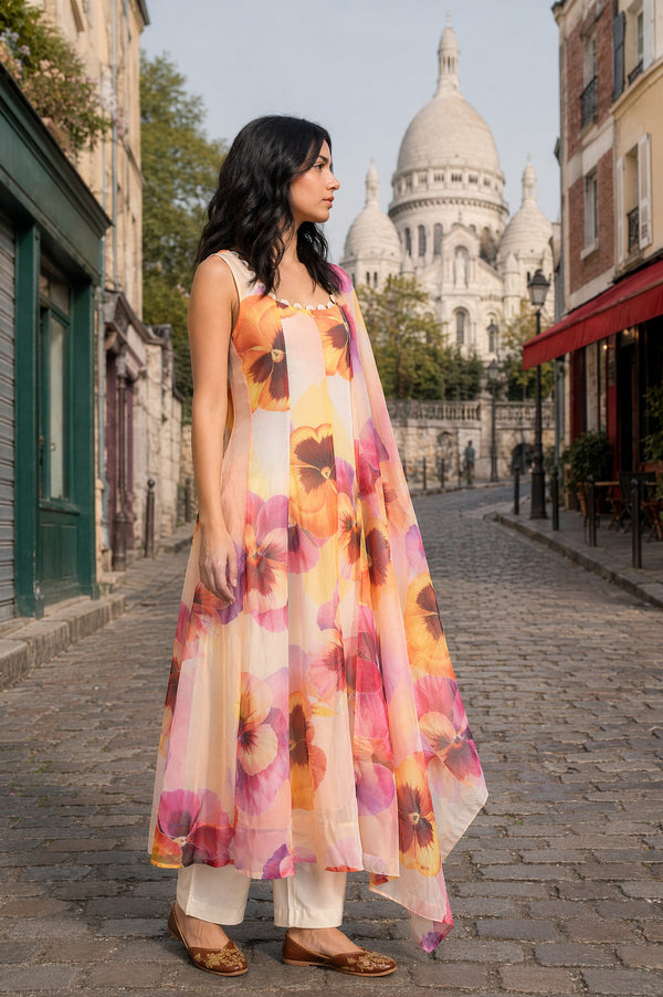 Off-White Floral Printed Organza Sleeveless Flared Kurta with Pants and Dupatta Set