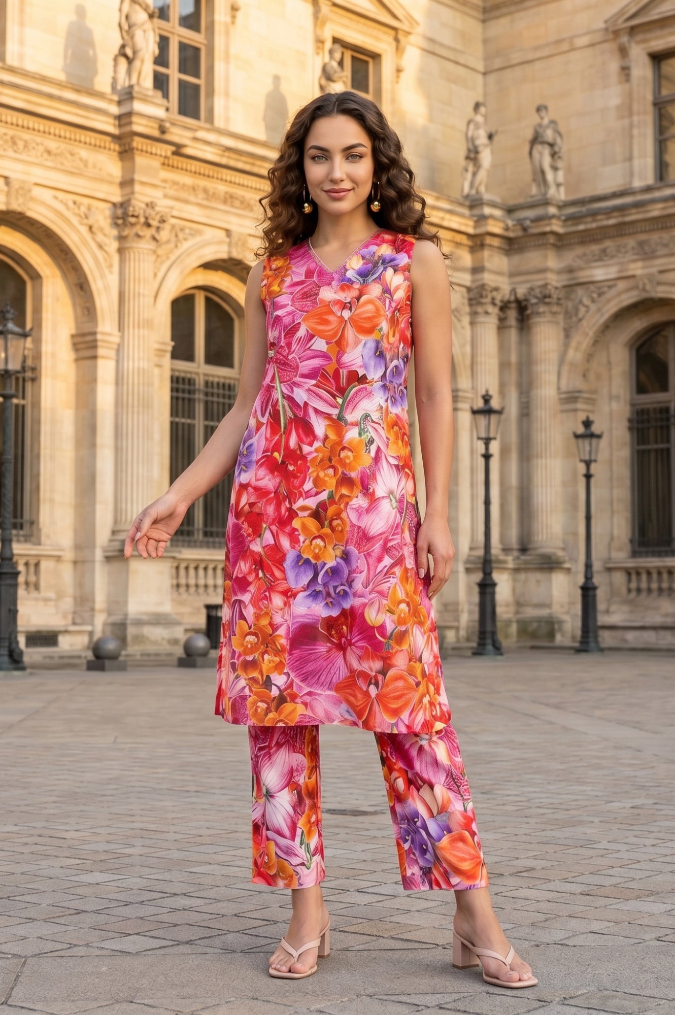 Multi Colour Floral Printed Pure Cotton Sleeveless Straight Kurta with Pants Co-ord Set
