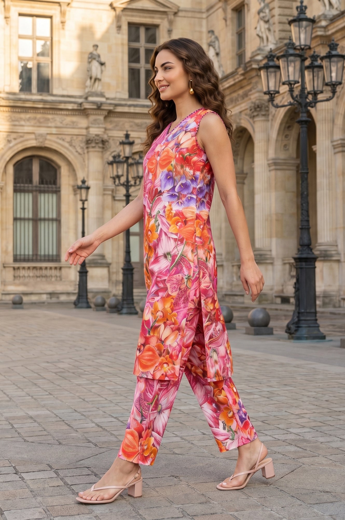 Multi Colour Floral Printed Pure Cotton Sleeveless Straight Kurta with Pants Co-ord Set