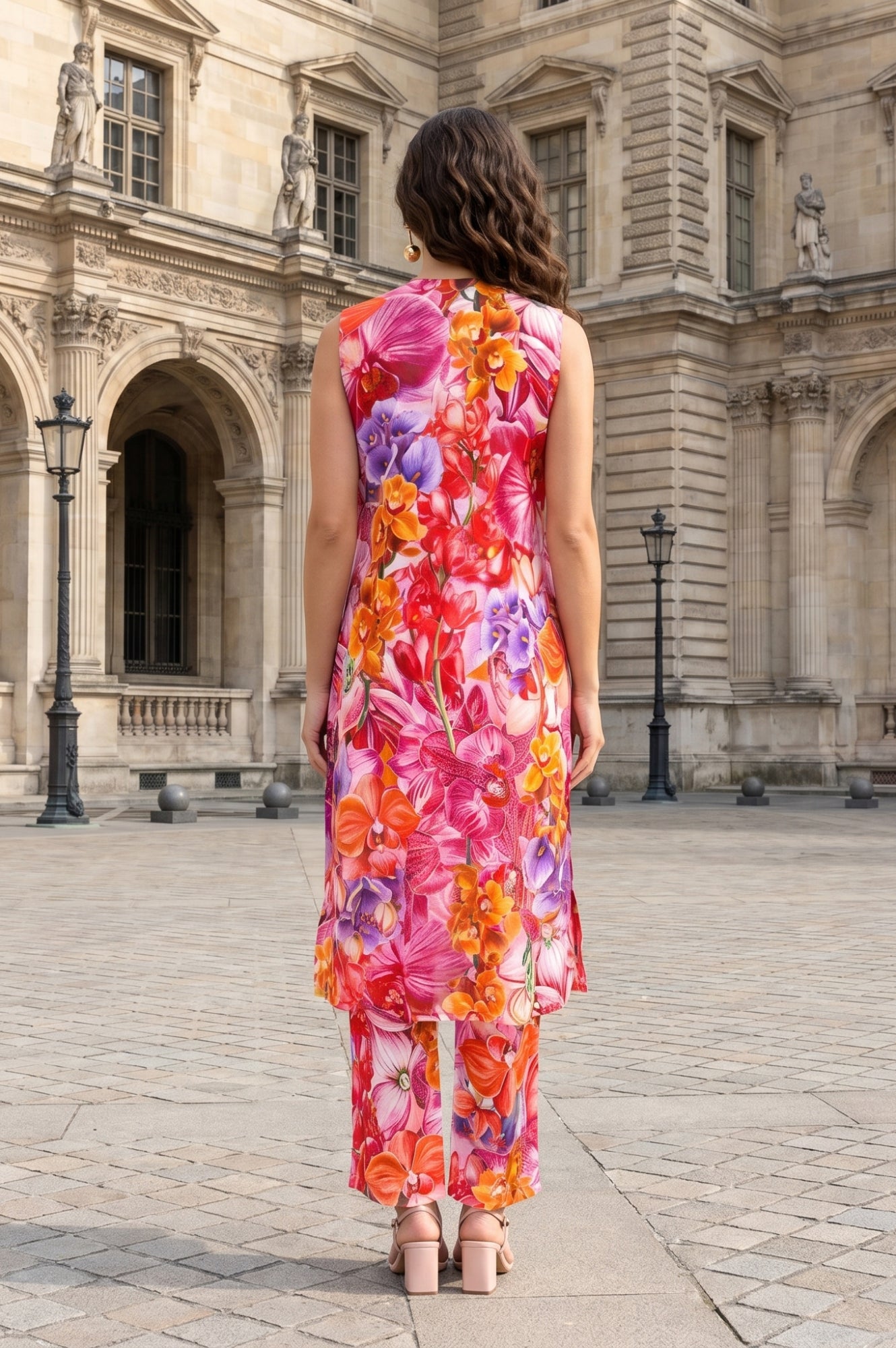 Multi Colour Floral Printed Pure Cotton Sleeveless Straight Kurta with Pants Co-ord Set