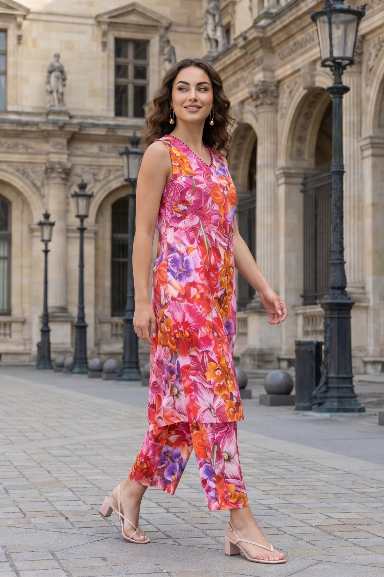 Multi Colour Floral Printed Pure Cotton Sleeveless Straight Kurta with Pants Co-ord Set
