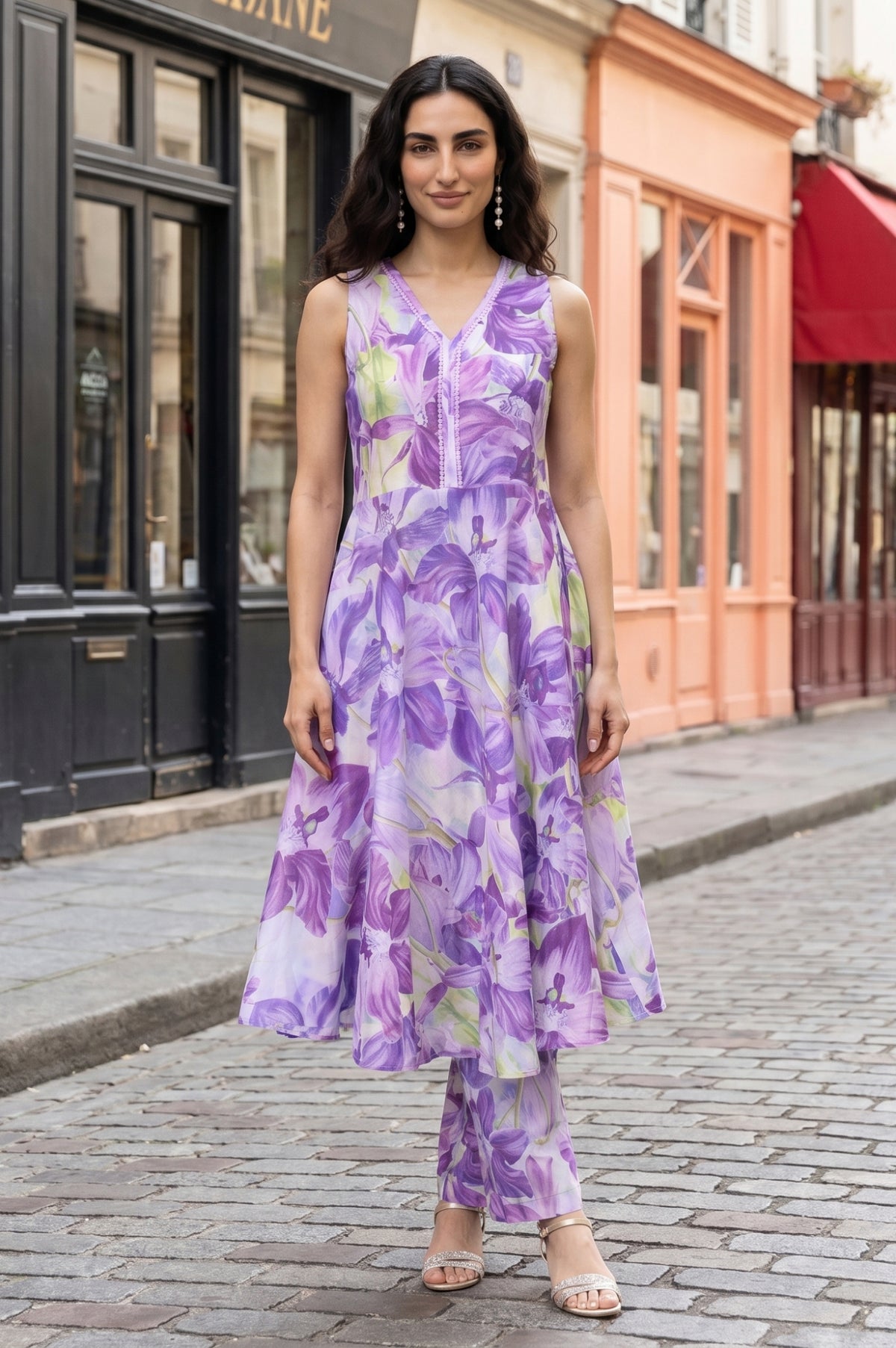 Lavender Floral Printed Pure Cotton Sleeveless Flared Kurta with Pants Co-ord Set - S