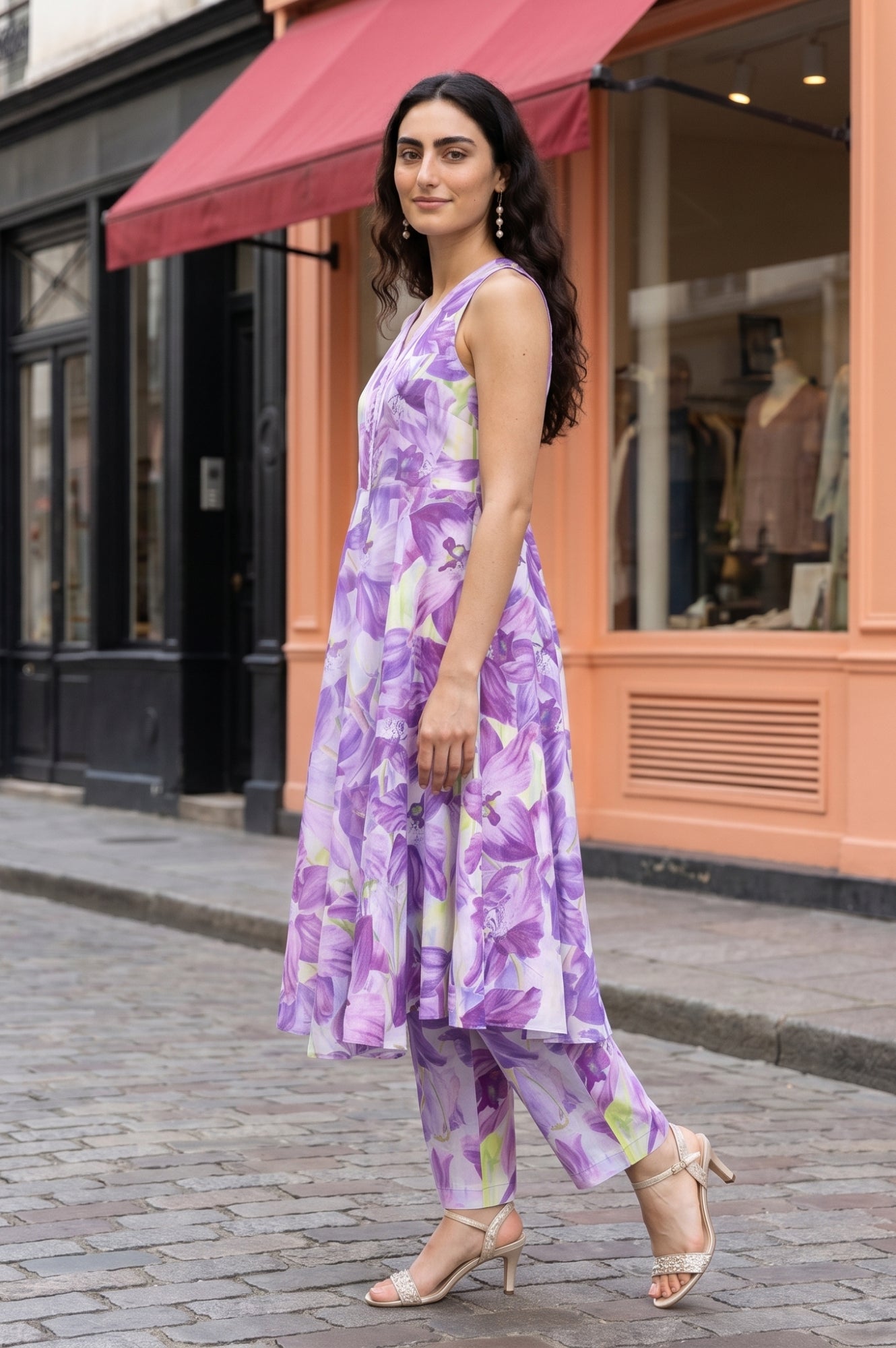 Lavender Floral Printed Pure Cotton Sleeveless Flared Kurta with Pants Co-ord Set