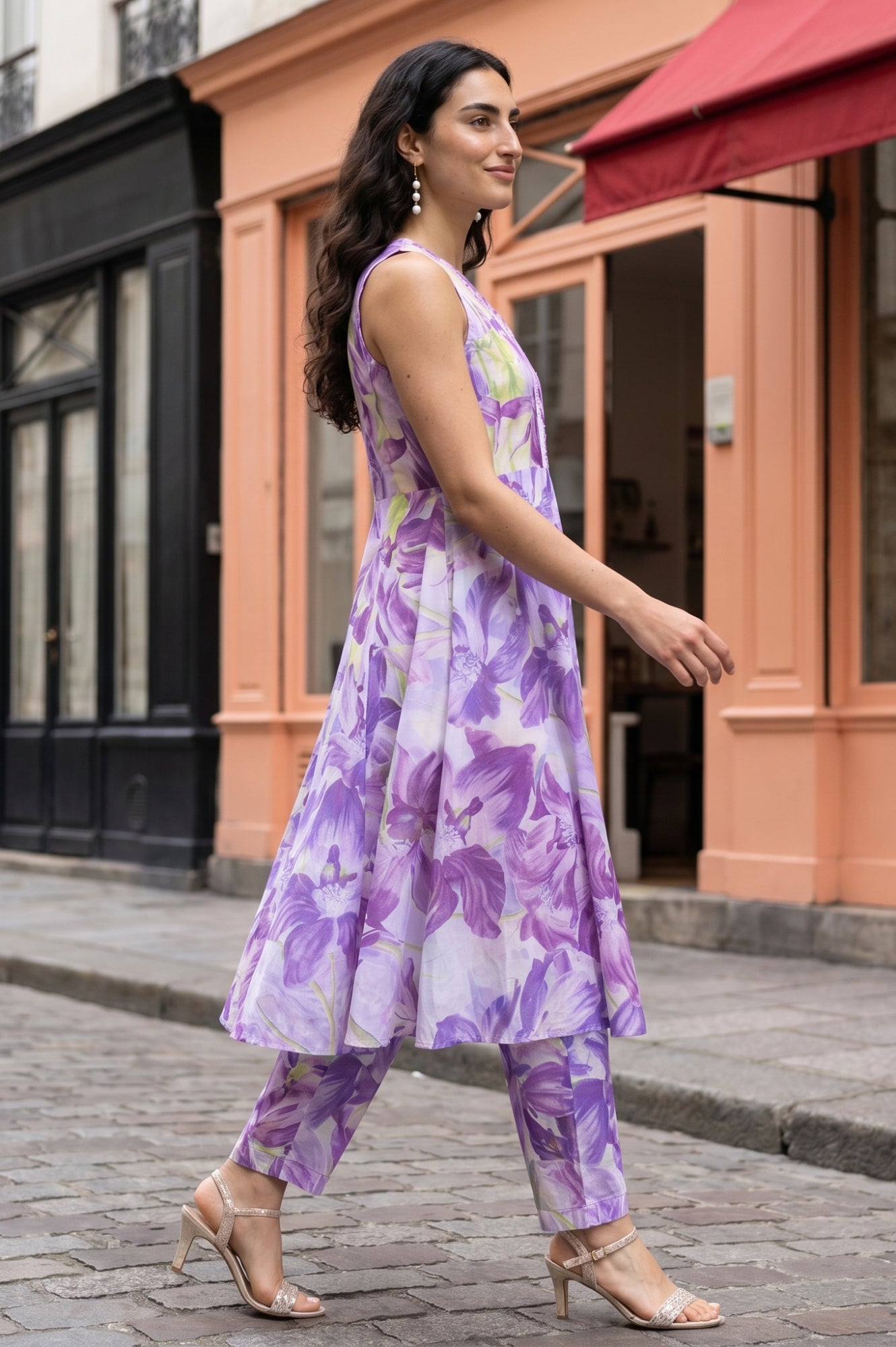 Lavender Floral Printed Pure Cotton Sleeveless Flared Kurta with Pants Co-ord Set