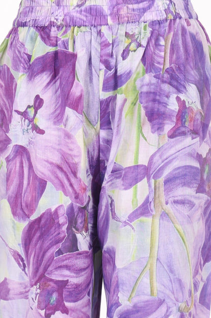 Lavender Floral Printed Pure Cotton Sleeveless Flared Kurta with Pants Co-ord Set