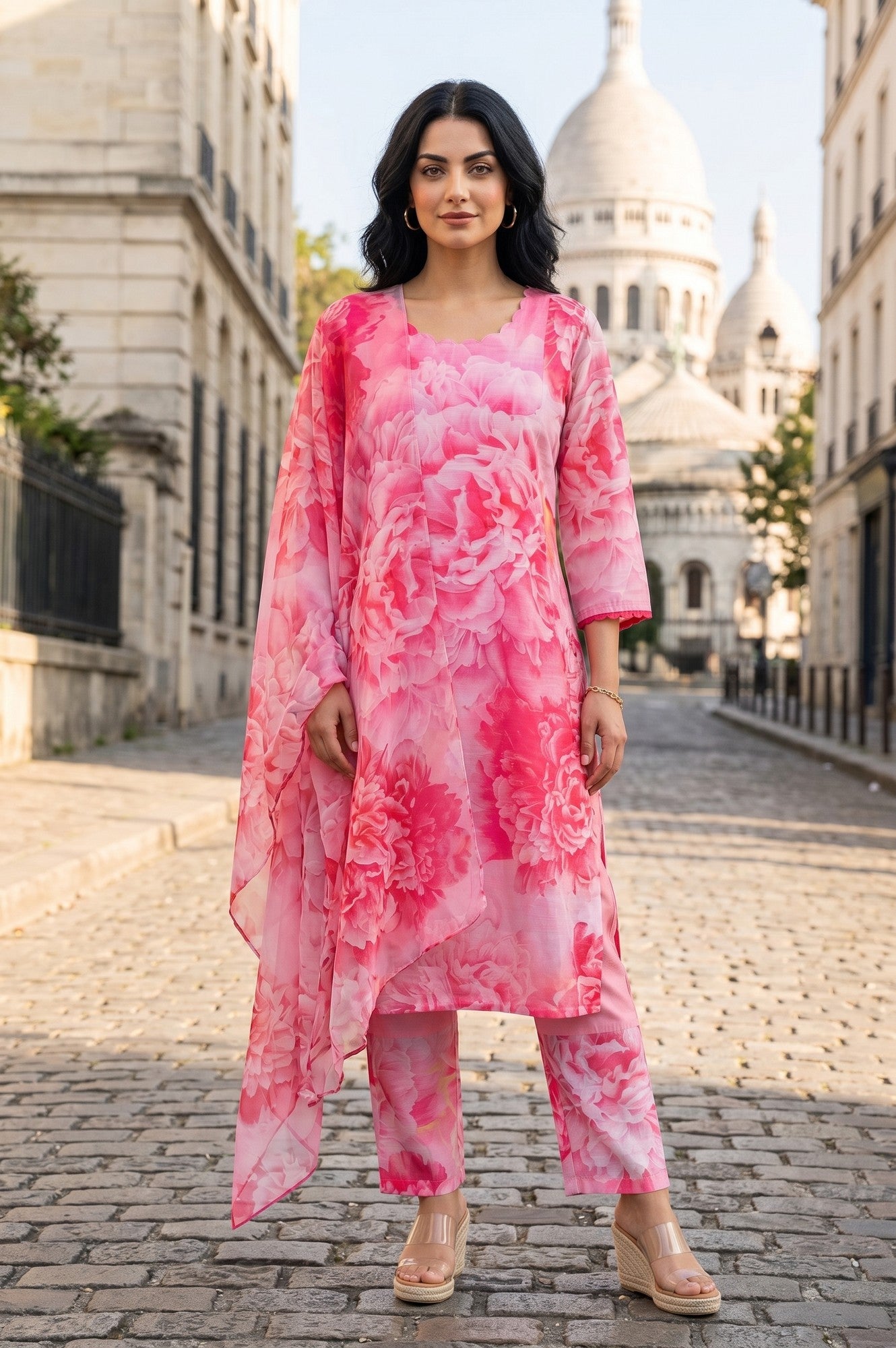 Pink Floral Printed Chanderi Straight Kurta With Pants And Dupatta Set