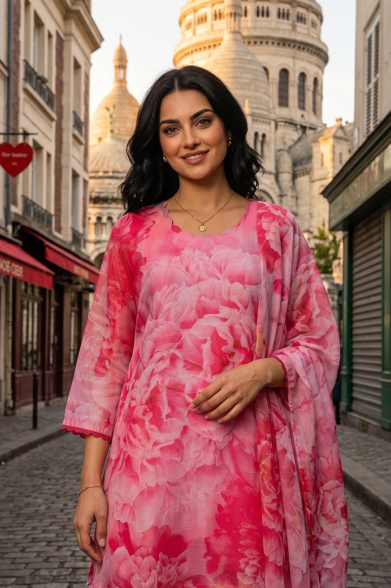 Pink Floral Printed Chanderi Straight Kurta With Pants And Dupatta Set