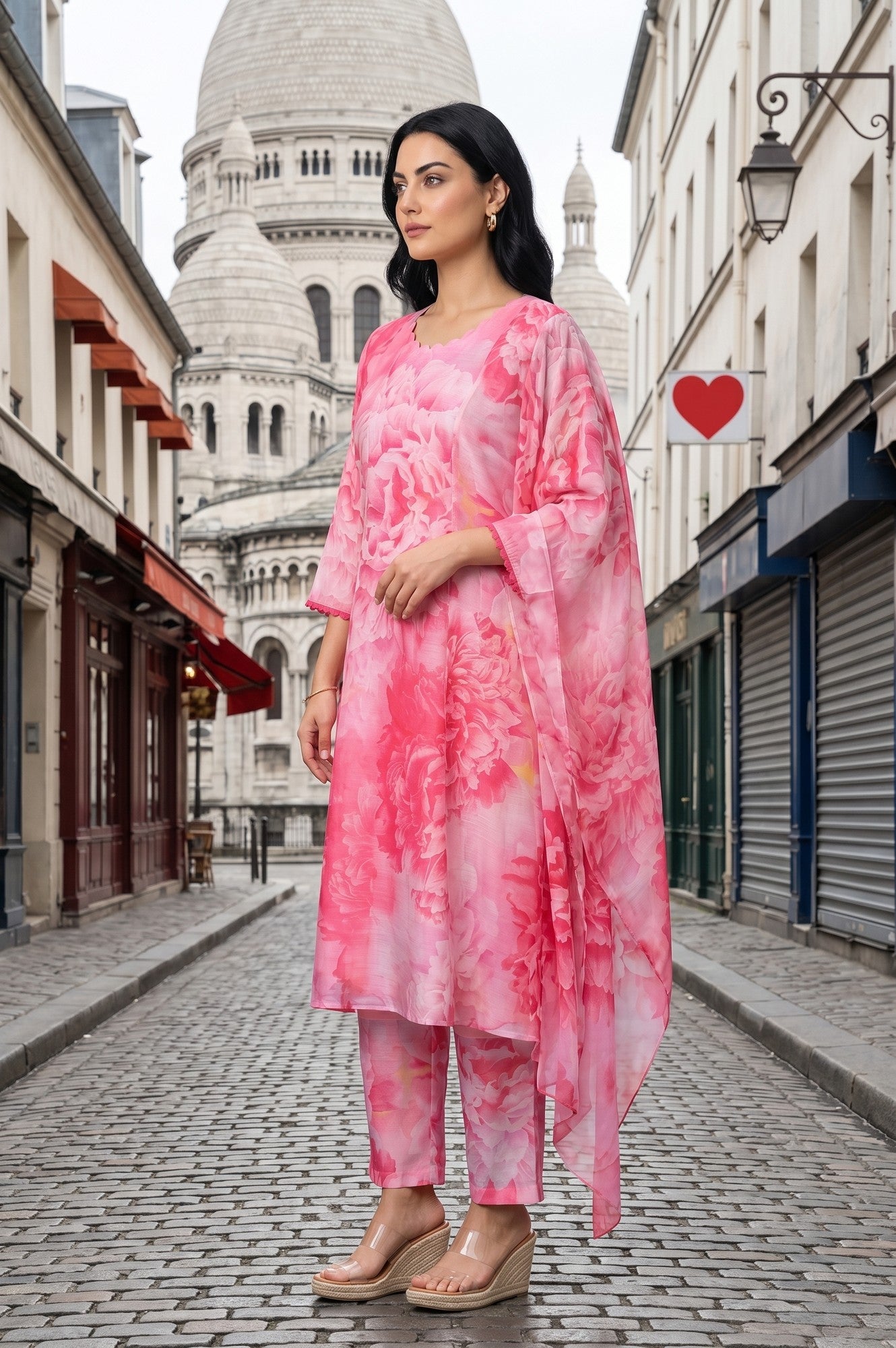 Pink Floral Printed Chanderi Straight Kurta With Pants And Dupatta Set