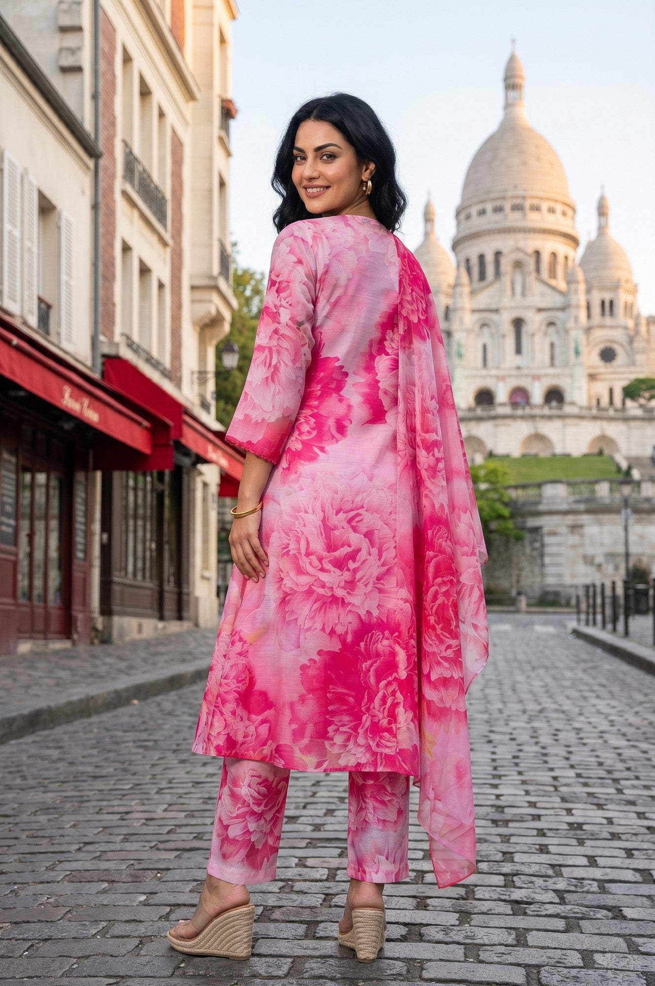 Pink Floral Printed Chanderi Straight Kurta With Pants And Dupatta Set