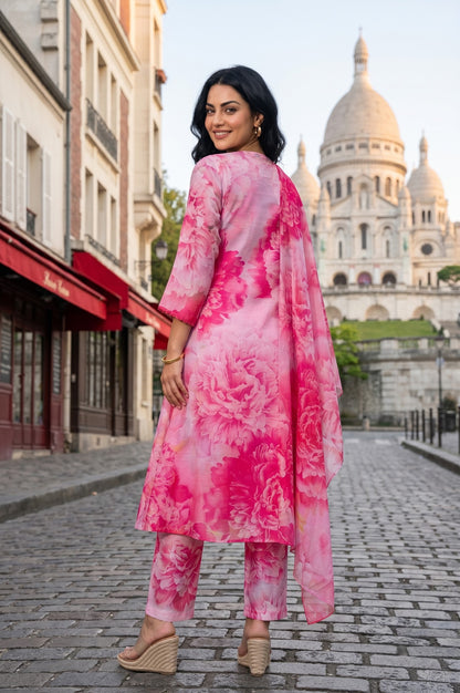 Pink Floral Printed Chanderi Straight Kurta With Pants And Dupatta Set