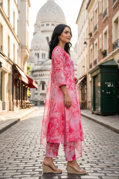 Pink Floral Printed Chanderi Straight Kurta With Pants And Dupatta Set