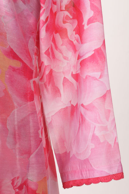 Pink Floral Printed Chanderi Straight Kurta With Pants And Dupatta Set