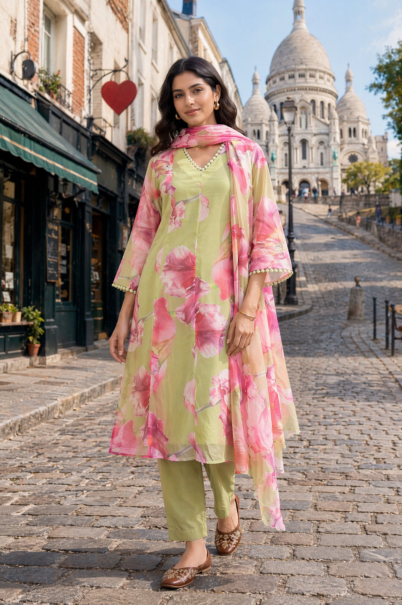 Lime Green Floral Printed Organza Flared Kurta with Pants and Dupatta Set