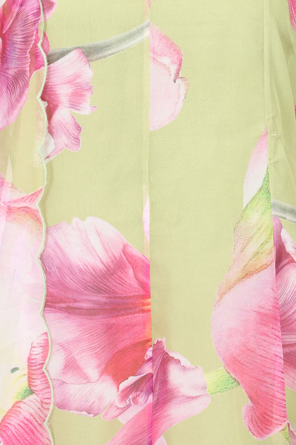Lime Green Floral Printed Organza Flared Kurta with Pants and Dupatta Set