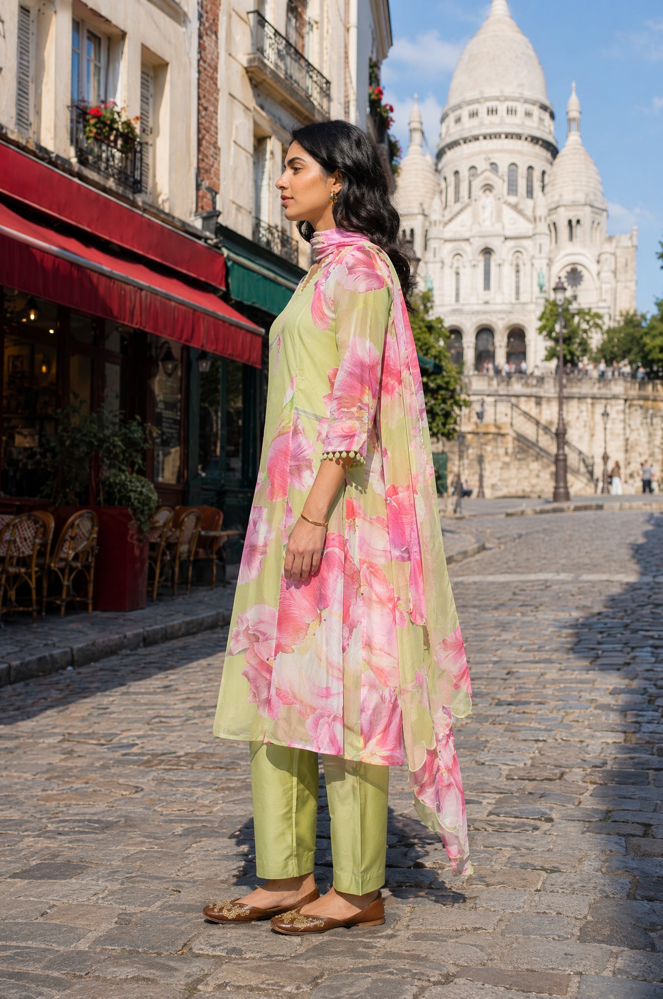 Lime Green Floral Printed Organza Flared Kurta with Pants and Dupatta Set