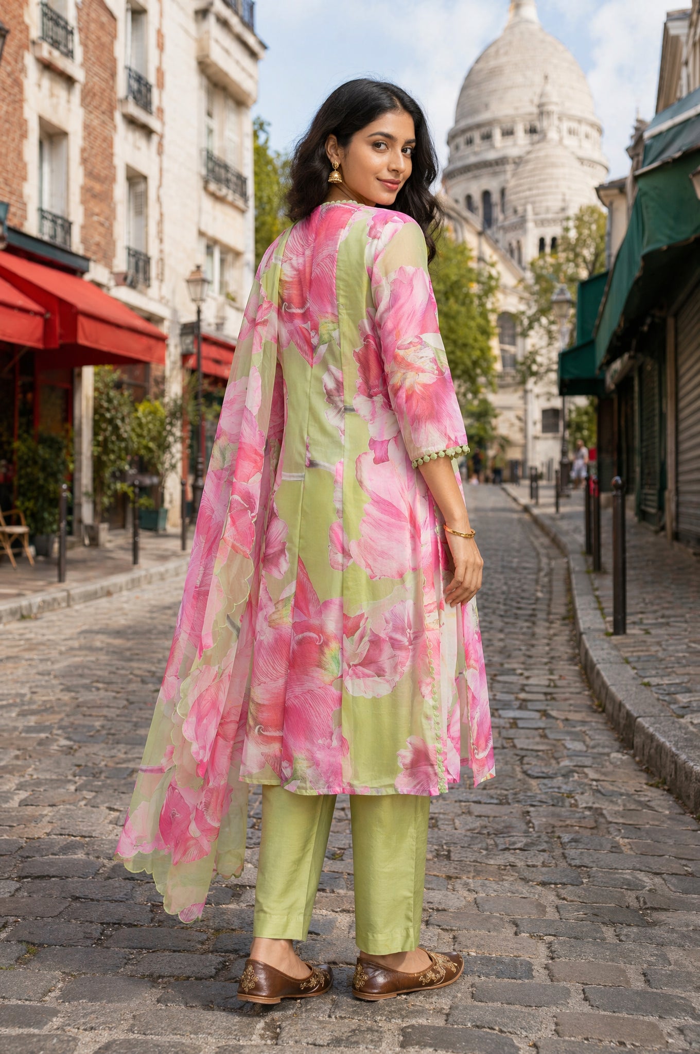 Lime Green Floral Printed Organza Flared Kurta with Pants and Dupatta Set
