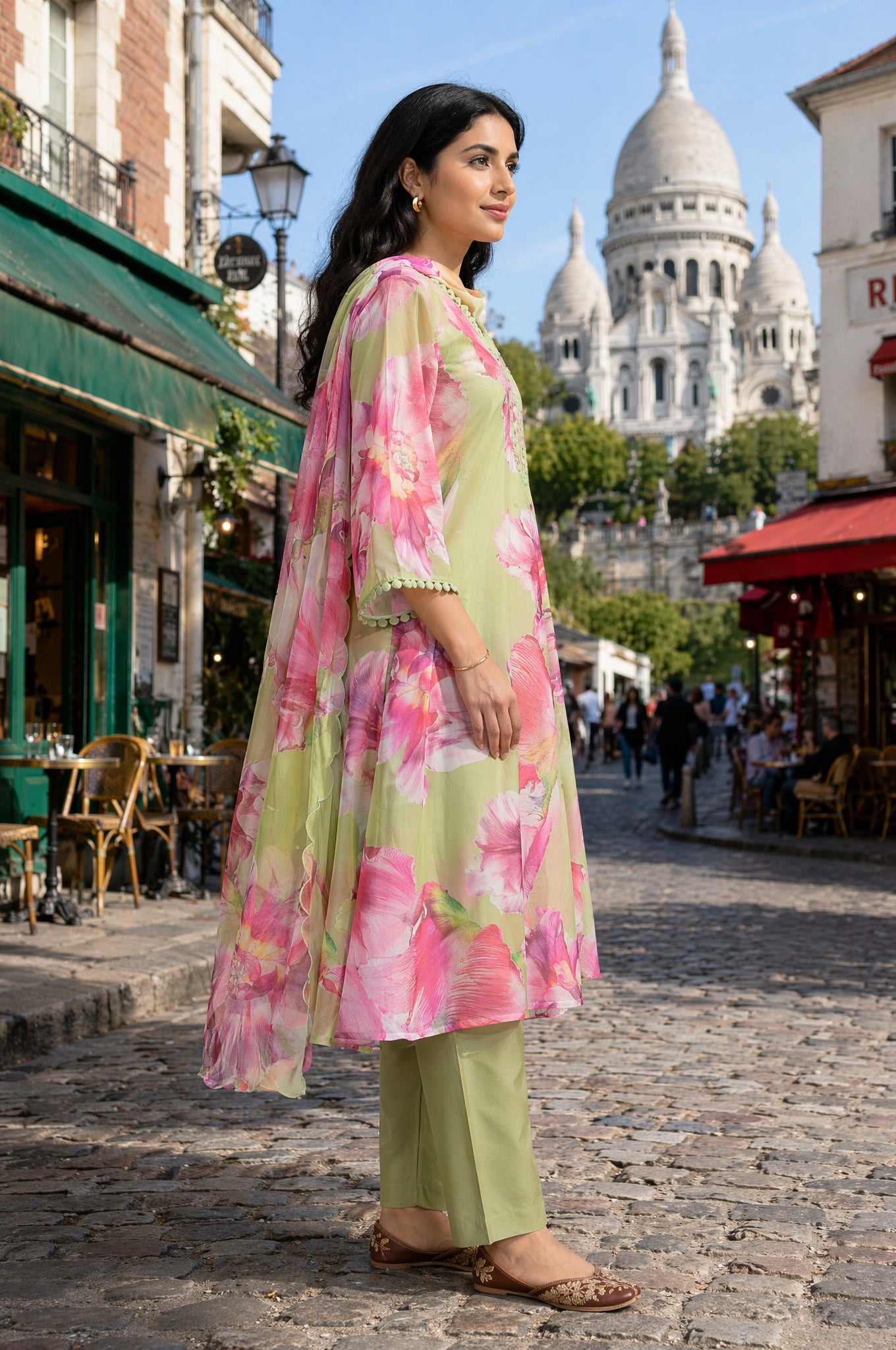 Lime Green Floral Printed Organza Flared Kurta with Pants and Dupatta Set