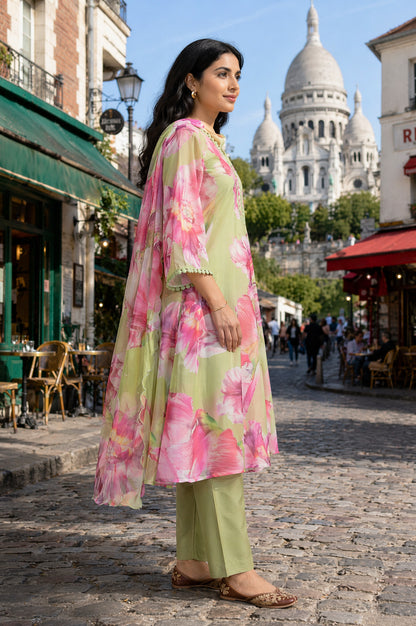Lime Green Floral Printed Organza Flared Kurta with Pants and Dupatta Set