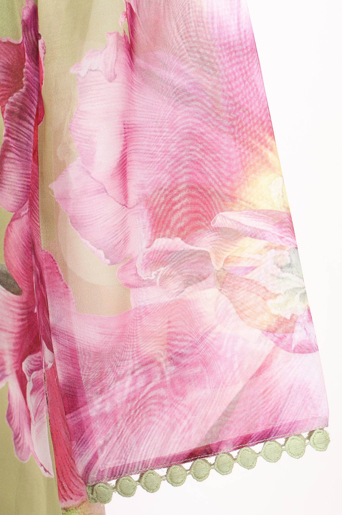 Lime Green Floral Printed Organza Flared Kurta with Pants and Dupatta Set