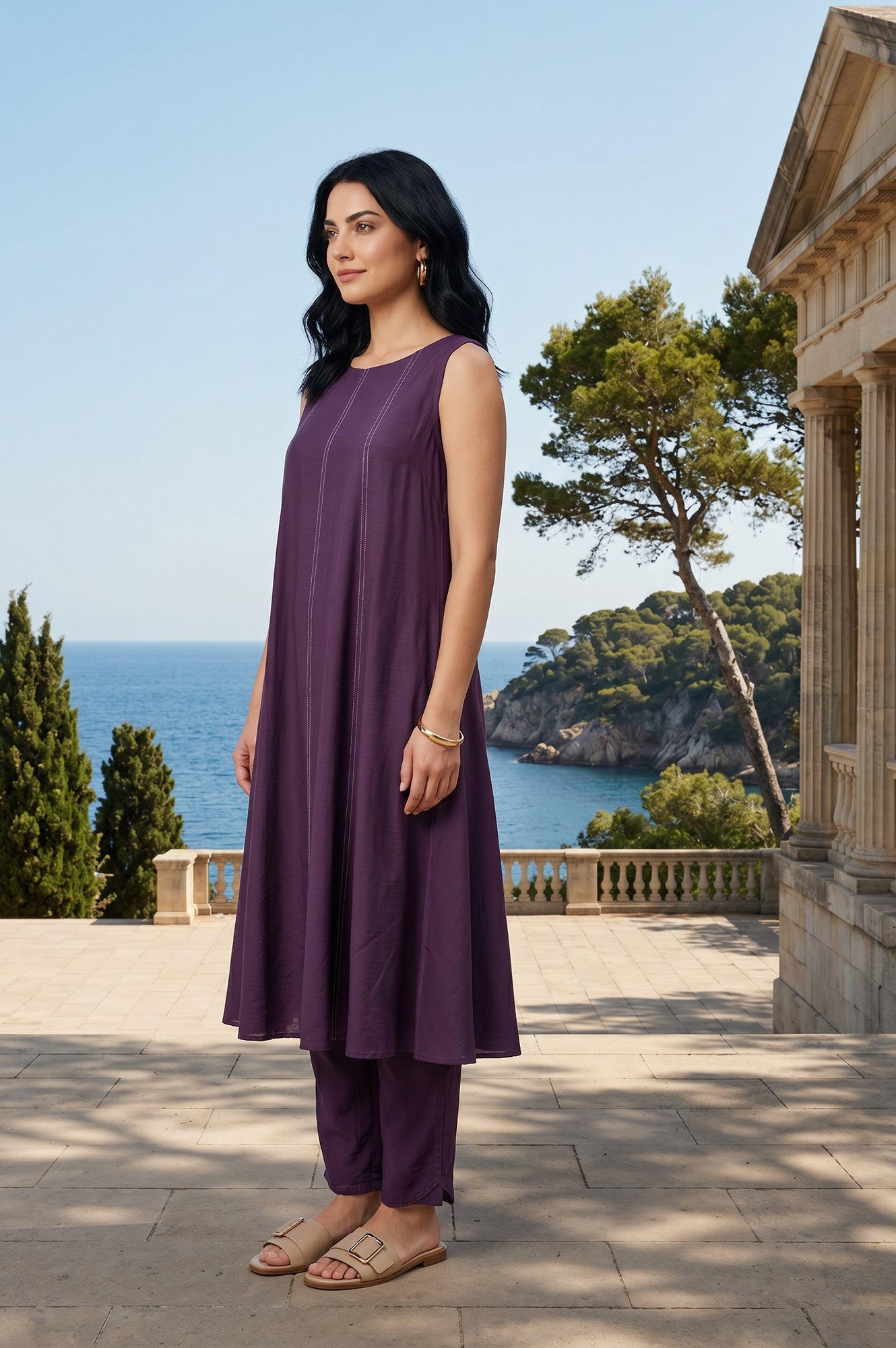 Purple Solid A-Line Sleeveless Kurta With Pants Co-ord Set